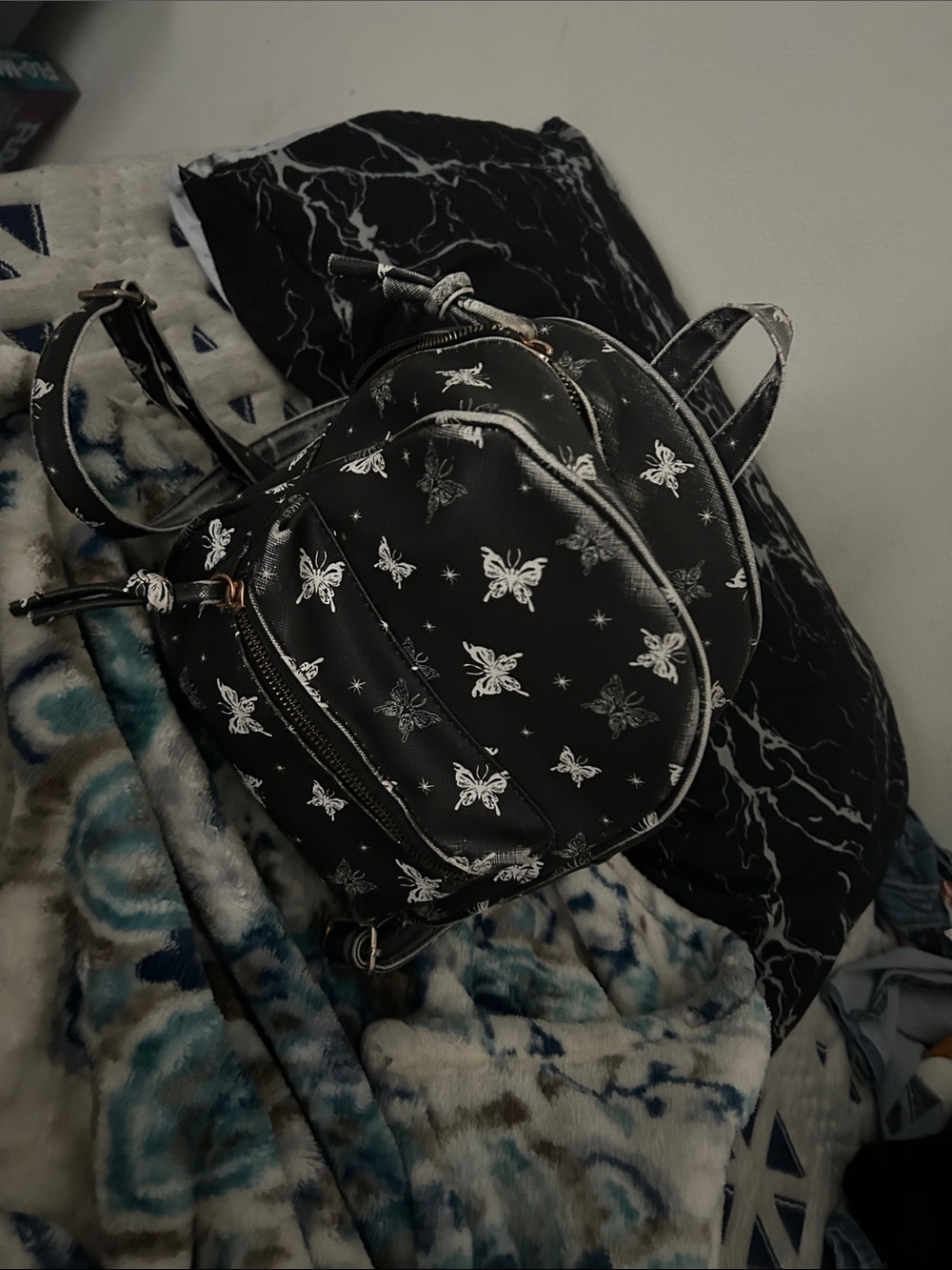 Black Butterfly Print Mini Backpack - Casual Women's Bag